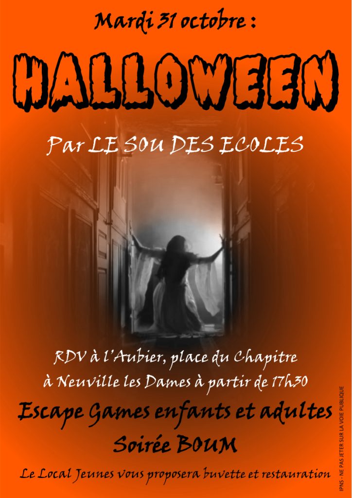 Affiche soirée Halloween à Neuville-les-Dames le 31 octobre 2023