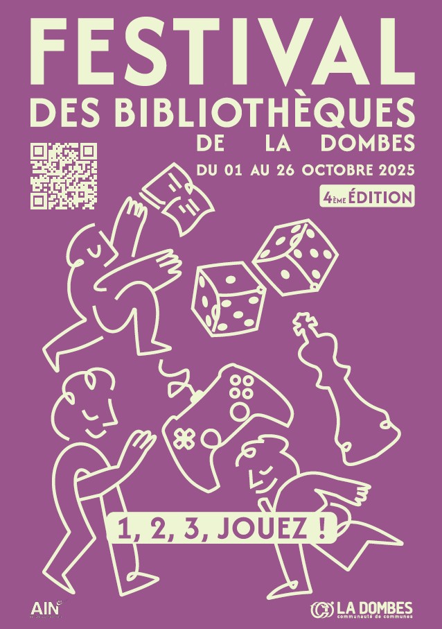 Affiche festival interbibliothèques de la Dombes 2025 - 1, 2,3 Jouez